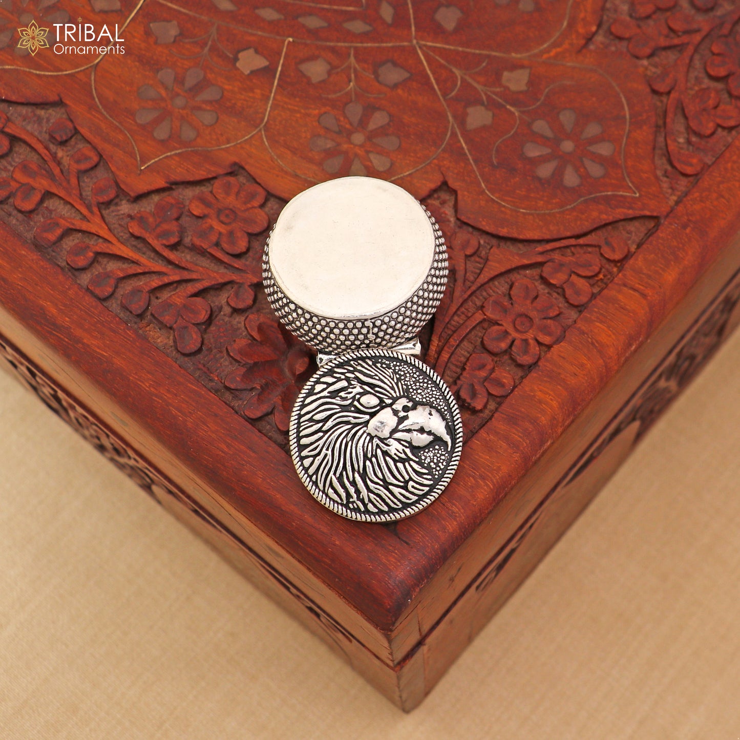 925 sterling silver round bird design oxidized trinket,casket, Sindoor box brides jewelry stb907