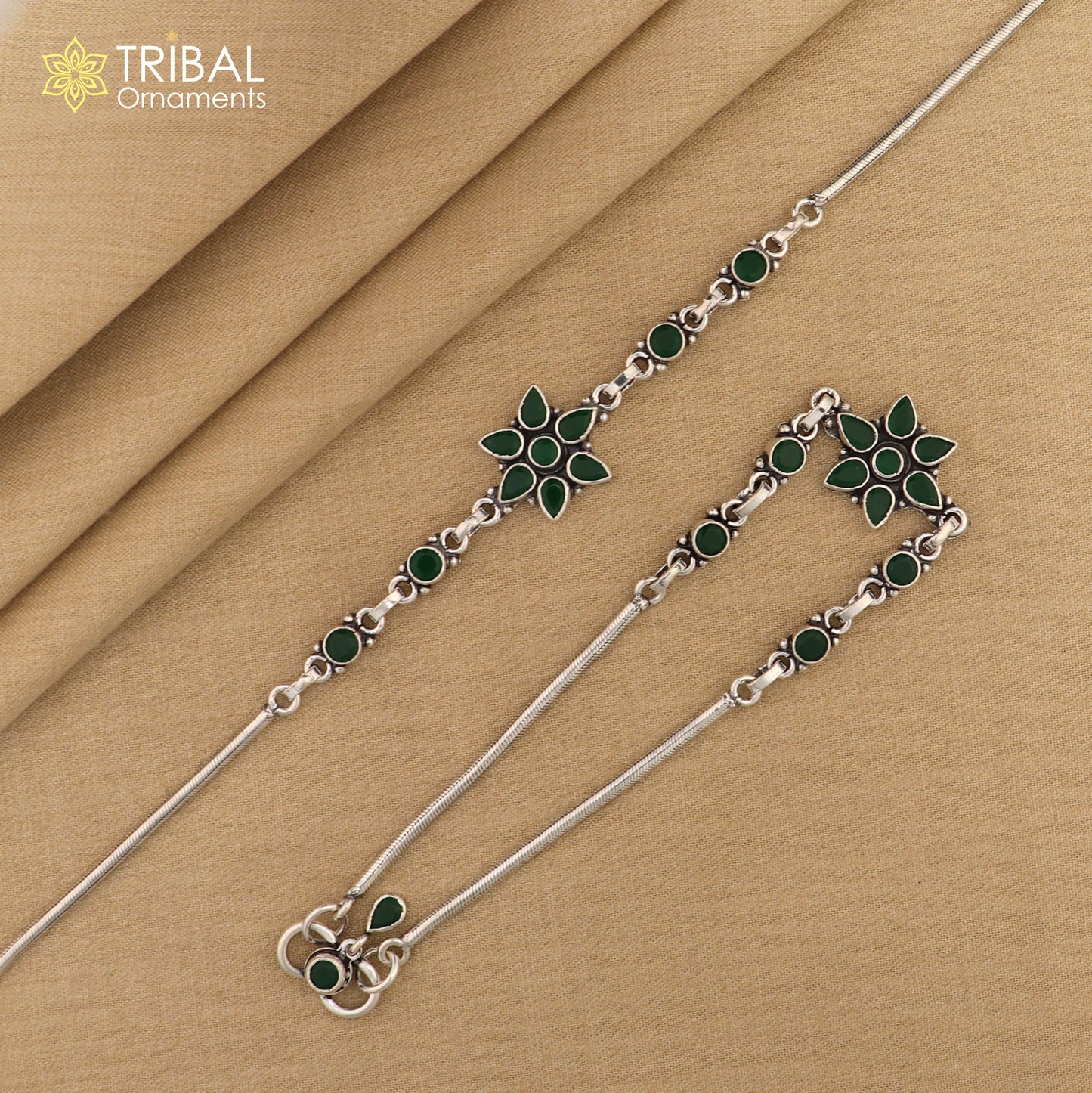 10.5" 925 sterling silver flower design green color stone anklets foot bracelet ,ankle bracelet jewelry ank701