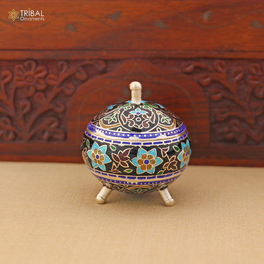 925 Sterling silver fabulous meenakari trinket box, container box, casket box,sindoor box, enamel work customized  box stb898