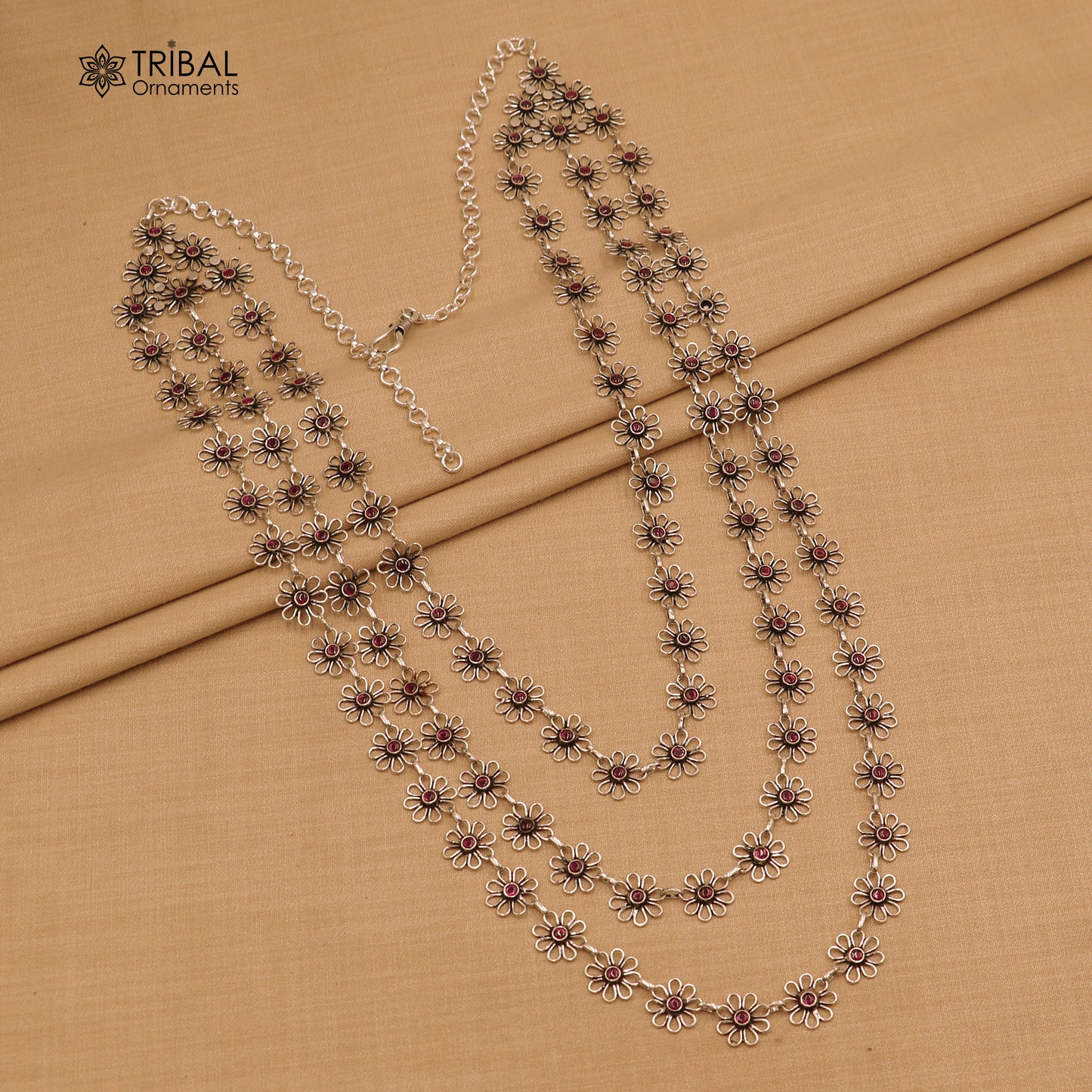 925 sterling silver floral style red stone 3 line necklace set ethnic jewelry set794