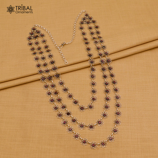 925 sterling silver floral style red stone 3 line necklace set ethnic jewelry set794
