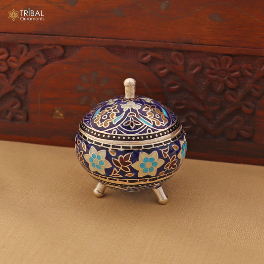 925 Sterling silver fabulous meenakari trinket box, container box, casket box,sindoor box, enamel work customized  box stb899
