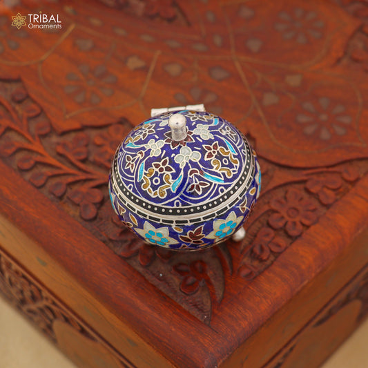 925 Sterling silver fabulous meenakari trinket box, container box, casket box,sindoor box, enamel work customized  box stb899