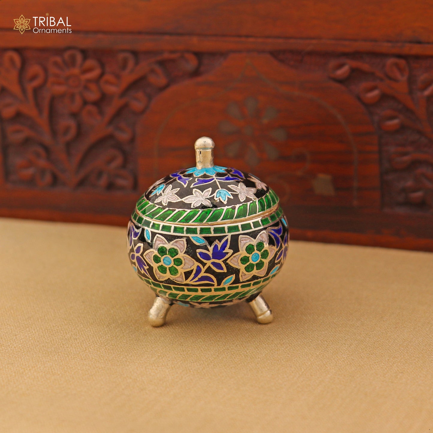 925 Sterling silver fabulous meenakari trinket box, container box, casket box,sindoor box, enamel work customized  box stb900