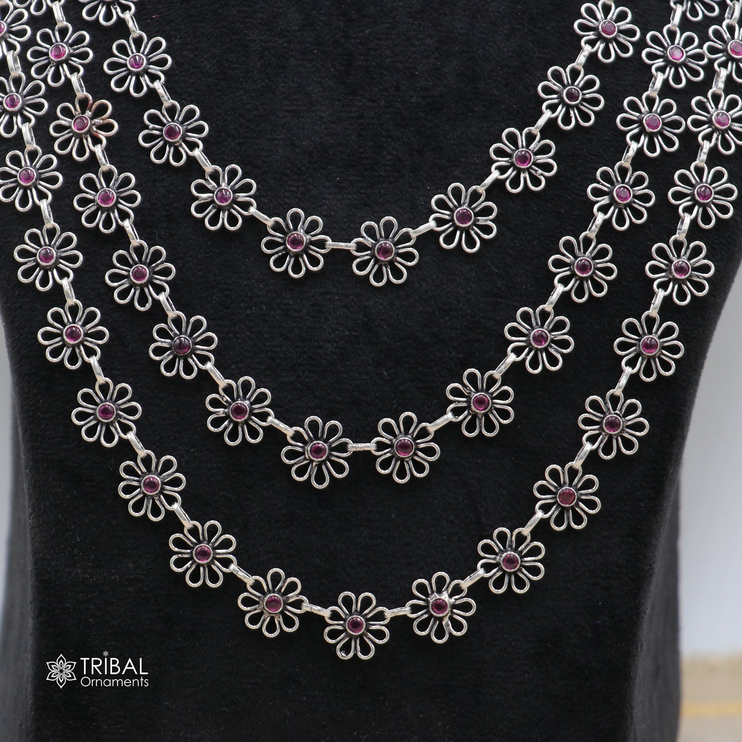 925 sterling silver floral style red stone 3 line necklace set ethnic jewelry set794