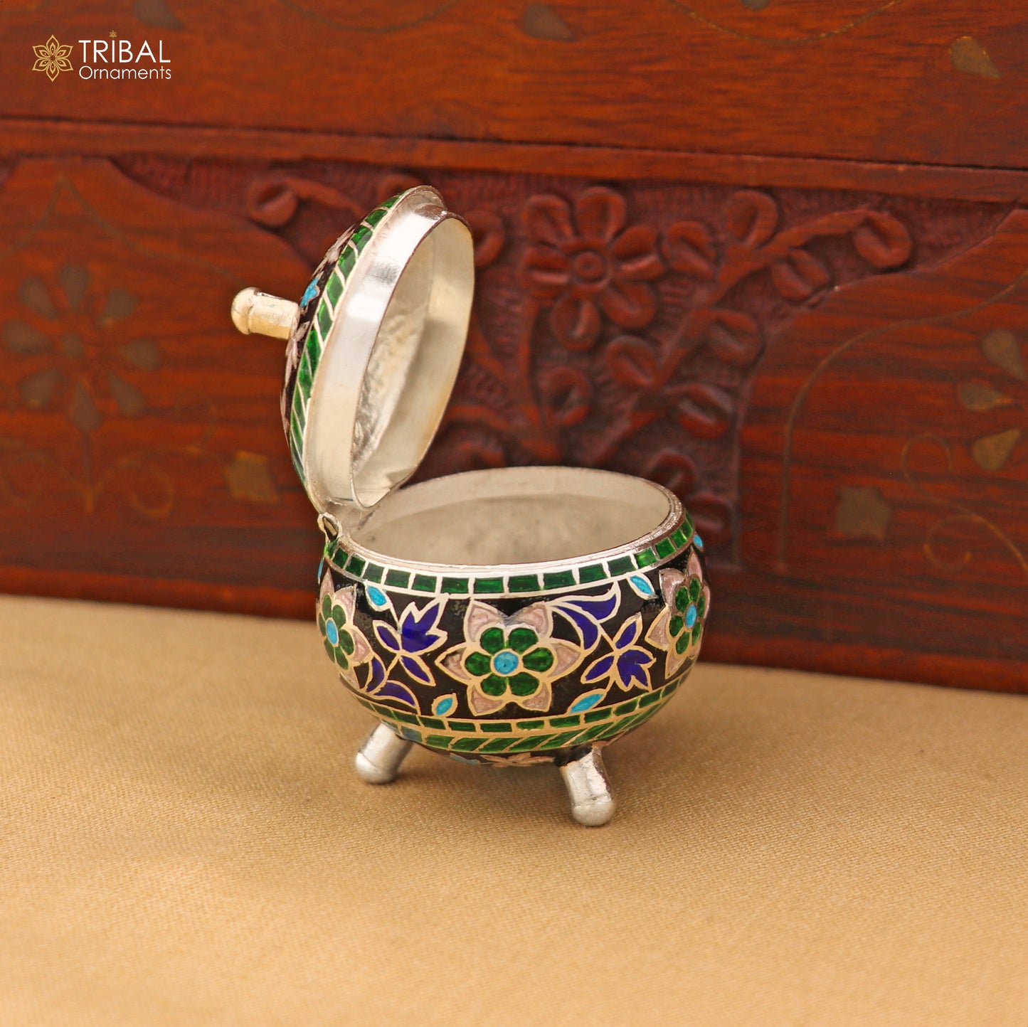 925 Sterling silver fabulous meenakari trinket box, container box, casket box,sindoor box, enamel work customized  box stb900