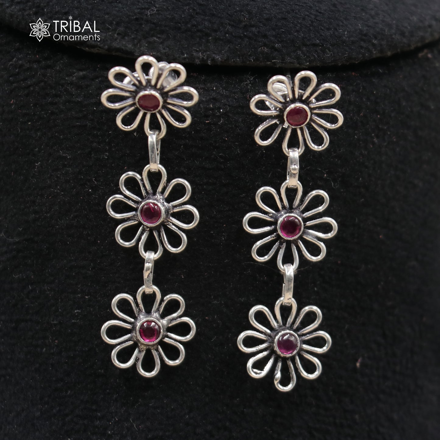 925 sterling silver floral style red stone 3 line necklace set ethnic jewelry set794