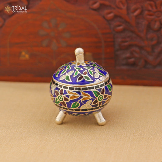 925 Sterling silver fabulous meenakari trinket box, container box, casket box,sindoor box, enamel work customized  box stb904