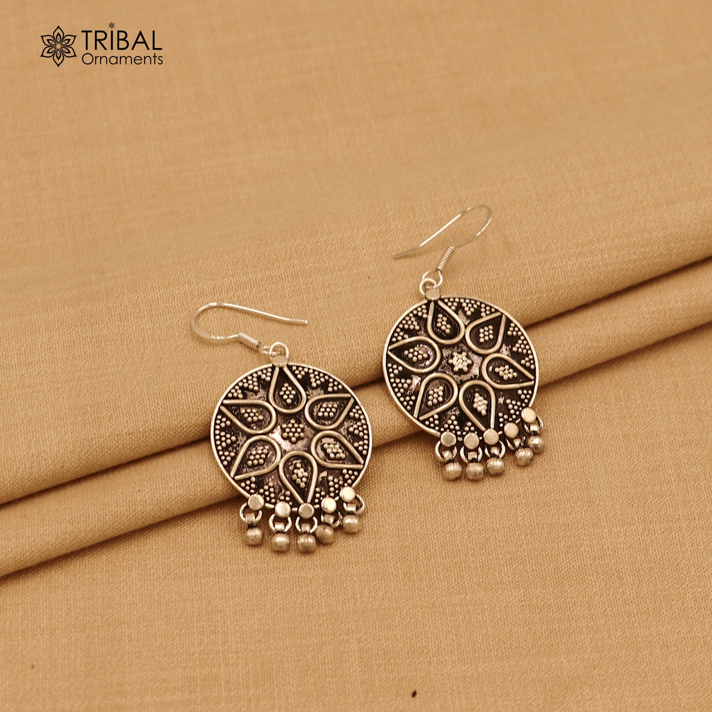 925 sterling silver ethnic round rava carving style traditional drop dangle earring ear747