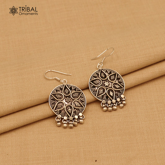 925 sterling silver ethnic round rava carving style traditional drop dangle earring ear747