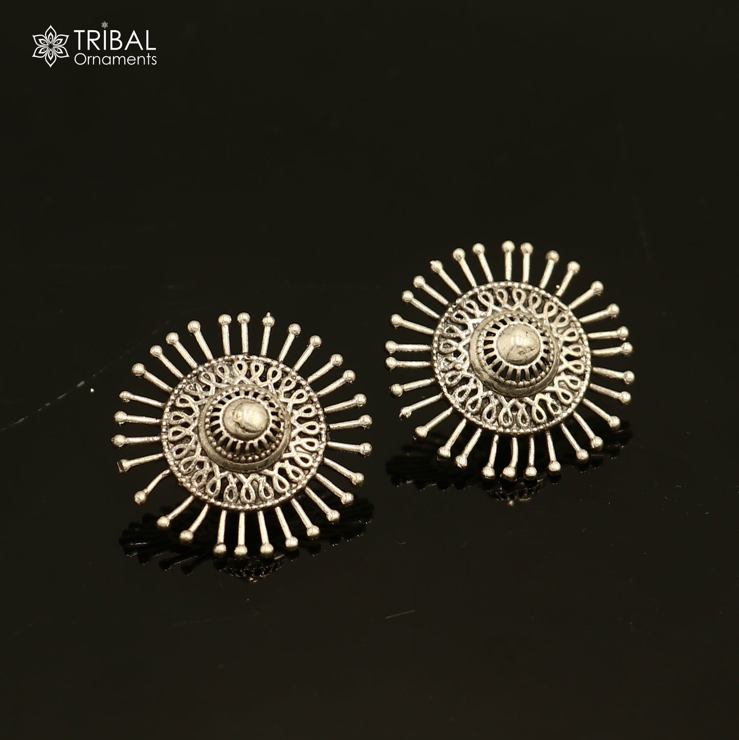 925 sterling silver ethnic carved flower style traditional stud earring ear751