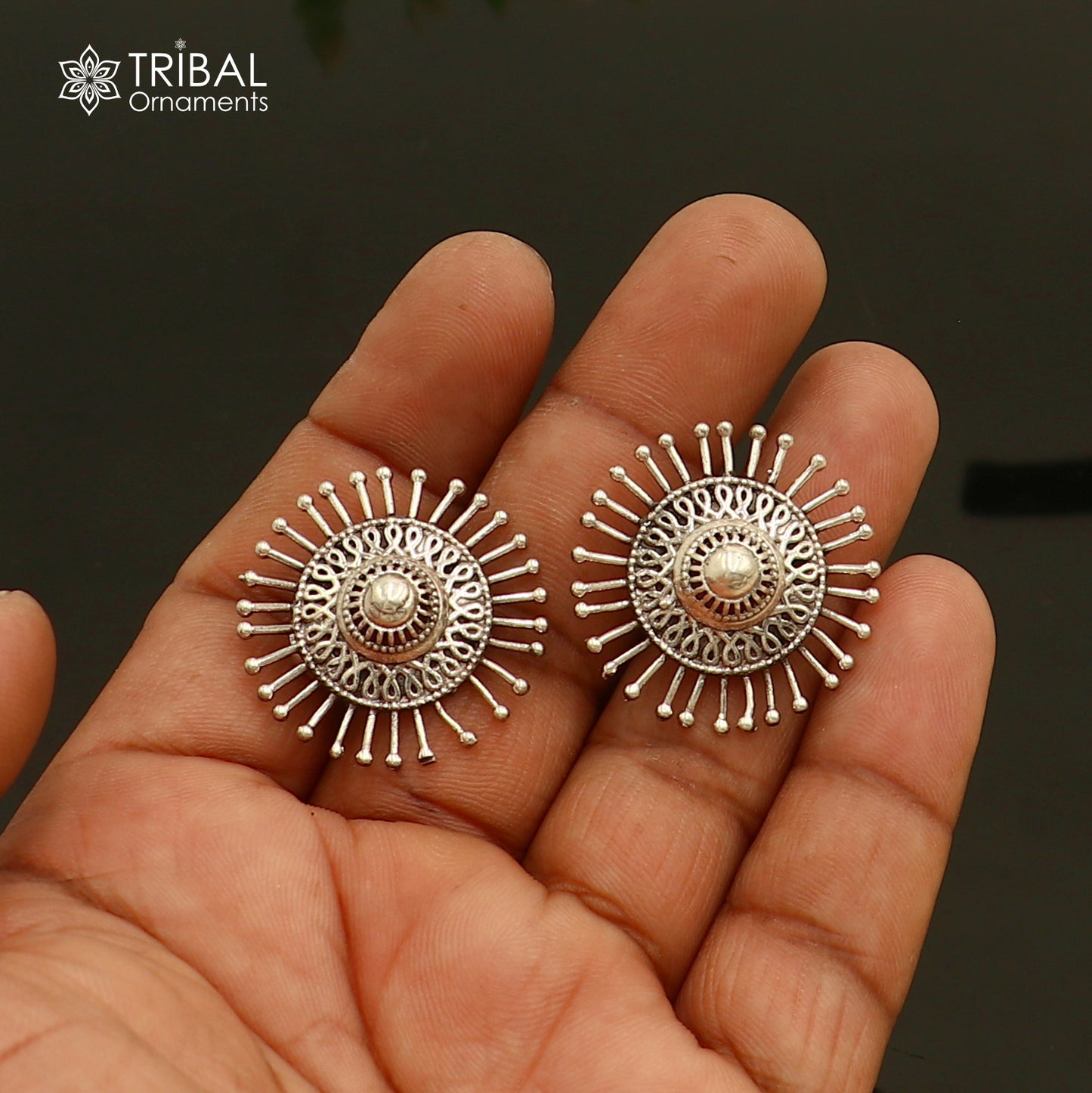 925 sterling silver ethnic carved flower style traditional stud earring ear751