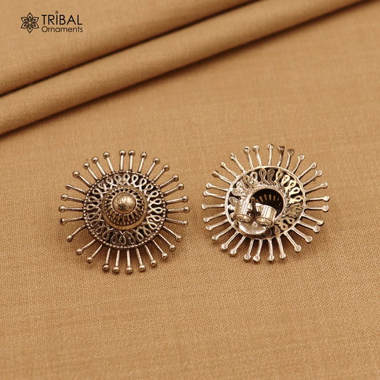 925 sterling silver ethnic carved flower style traditional stud earring ear751