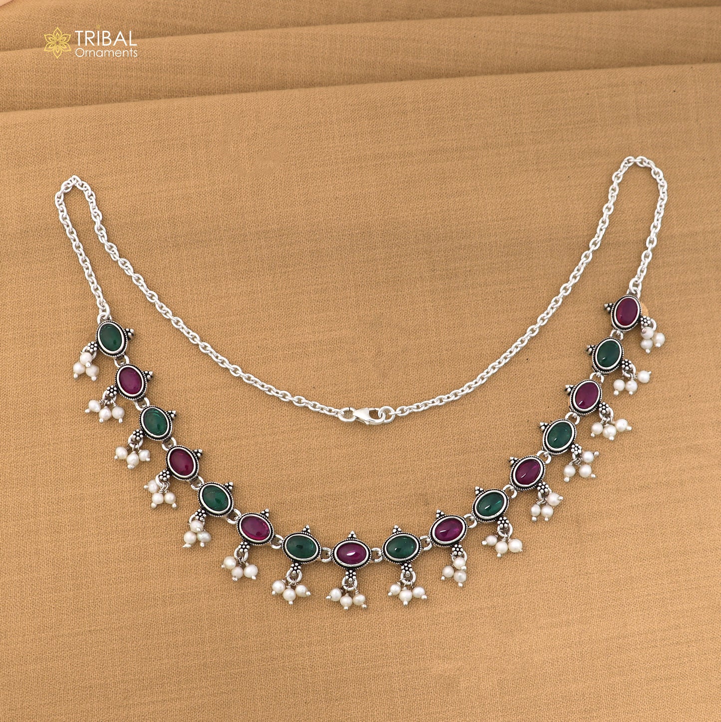 925 sterling silver ruby red and green cut stone necklace ethnic Oxidized jewelry set852
