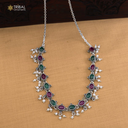 925 sterling silver ruby red and green cut stone necklace ethnic Oxidized jewelry set852