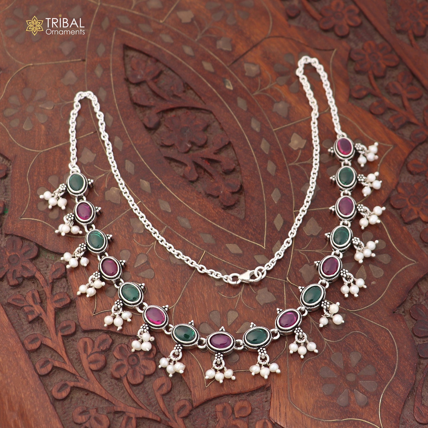 925 sterling silver ruby red and green cut stone necklace ethnic Oxidized jewelry set852