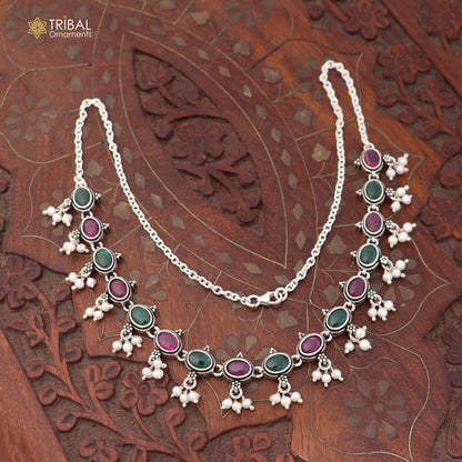925 sterling silver ruby red and green cut stone necklace ethnic Oxidized jewelry set852