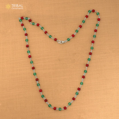 925 sterling silver gree and red color round shape stone beaded necklace ch651
