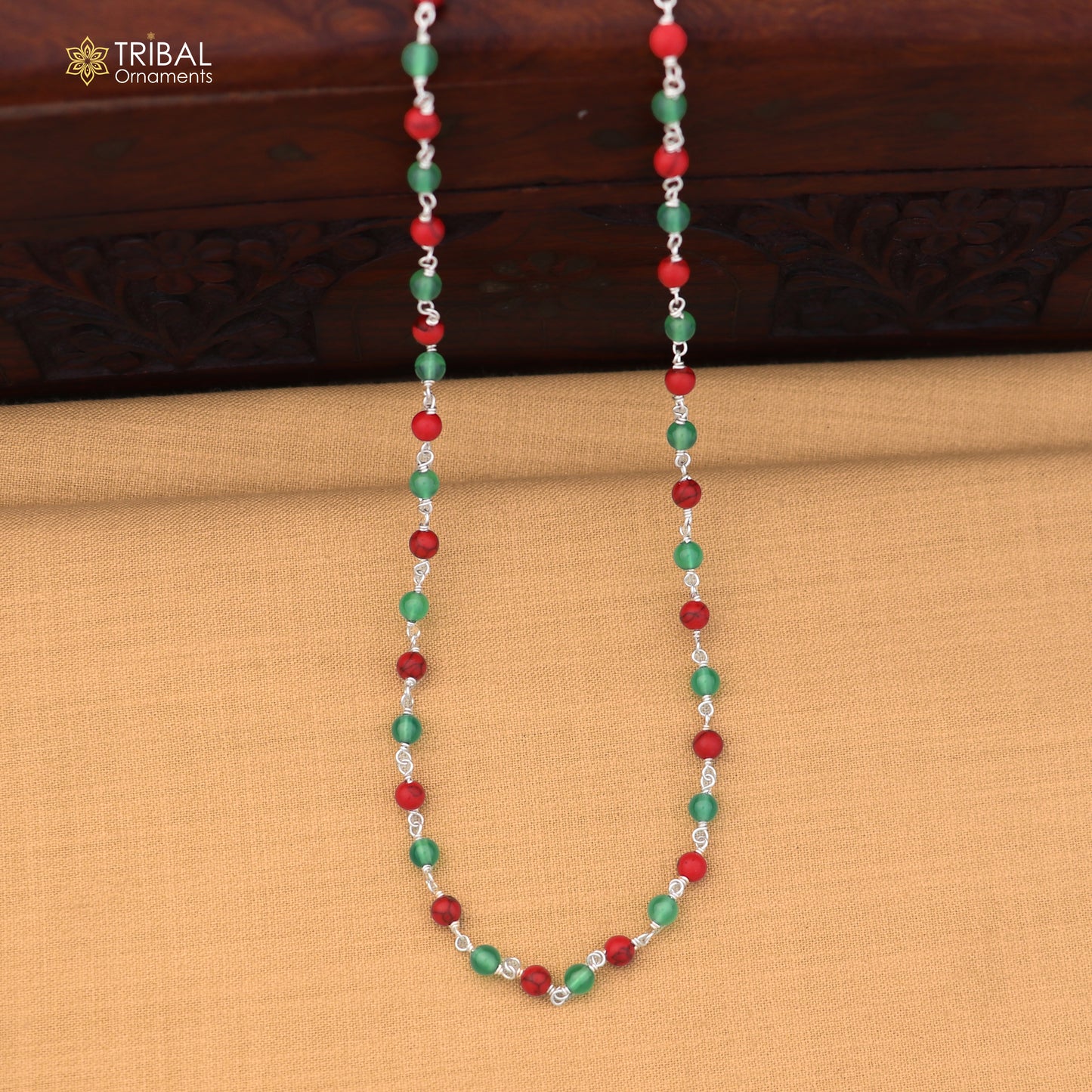 925 sterling silver gree and red color round shape stone beaded necklace ch651