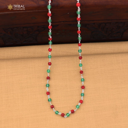 925 sterling silver gree and red color round shape stone beaded necklace ch651