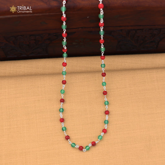 925 sterling silver green and red color round shape stone beaded necklace ch651