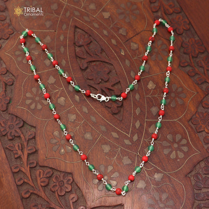925 sterling silver gree and red color round shape stone beaded necklace ch651