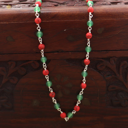 925 sterling silver gree and red color round shape stone beaded necklace ch651