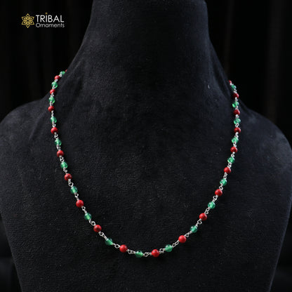 925 sterling silver gree and red color round shape stone beaded necklace ch651