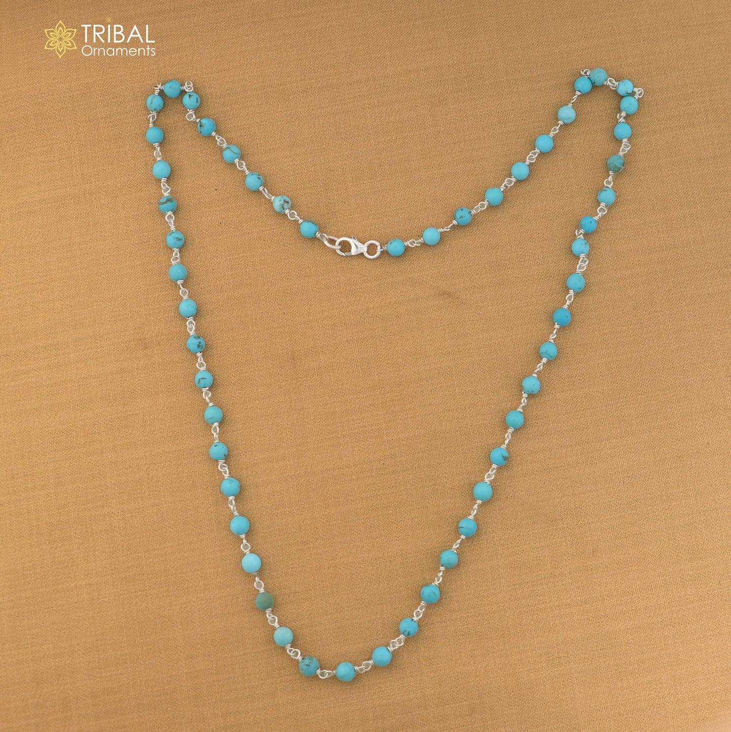 925 sterling silver turquoise color round shape stone beaded necklace ch652