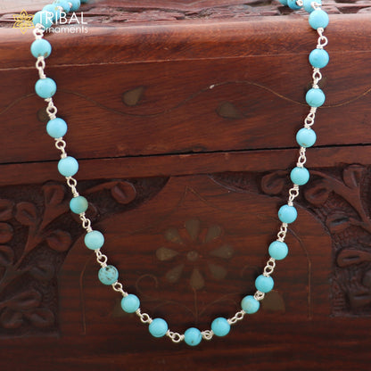 925 sterling silver turquoise color round shape stone beaded necklace ch652