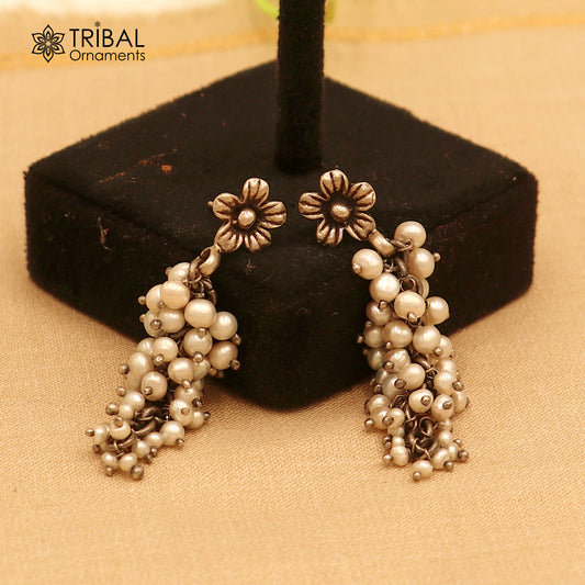 925 sterling silver ethnic boho long pearl cluster style traditional drop dangle earring ear750
