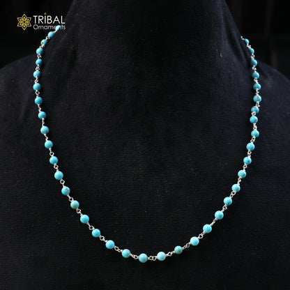 925 sterling silver turquoise color round shape stone beaded necklace ch652