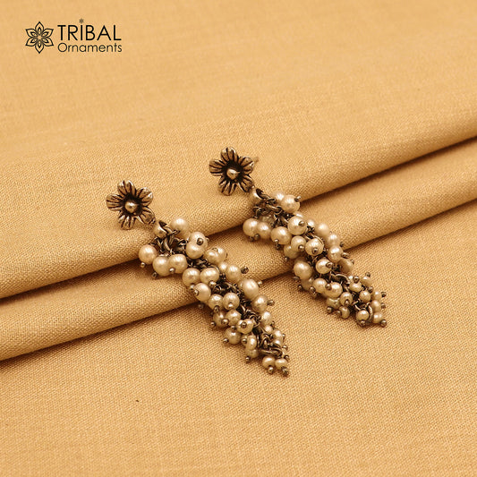 925 sterling silver ethnic boho long pearl cluster style traditional drop dangle earring ear750