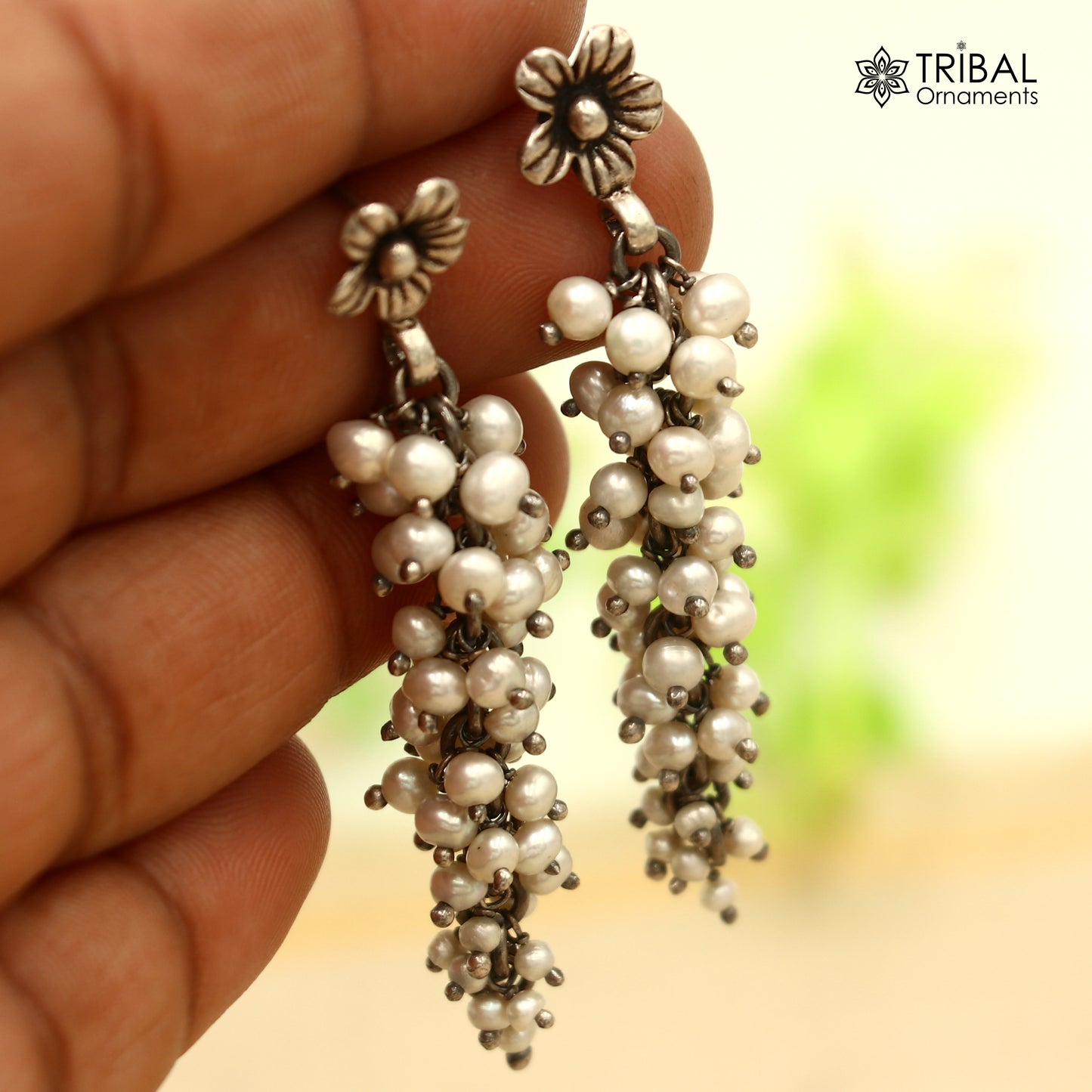 925 sterling silver ethnic boho long pearl cluster style traditional drop dangle earring ear750