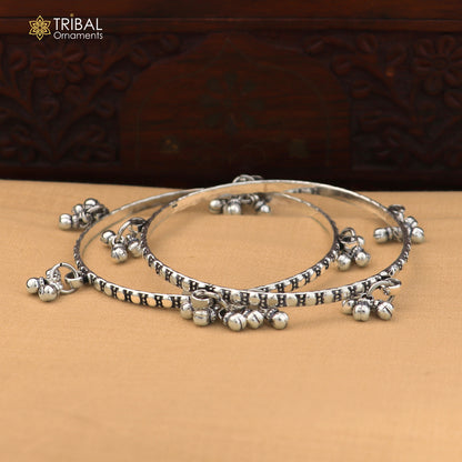 925 Sterling silver vintage design hanging bells bangle kada tribal oxidized jewelry ba461