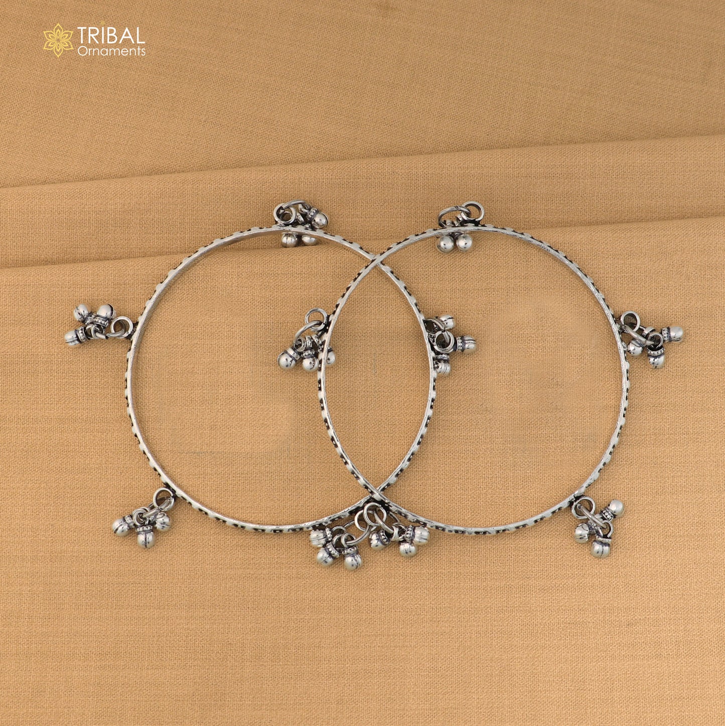 925 Sterling silver vintage design hanging bells bangle kada tribal oxidized jewelry ba461