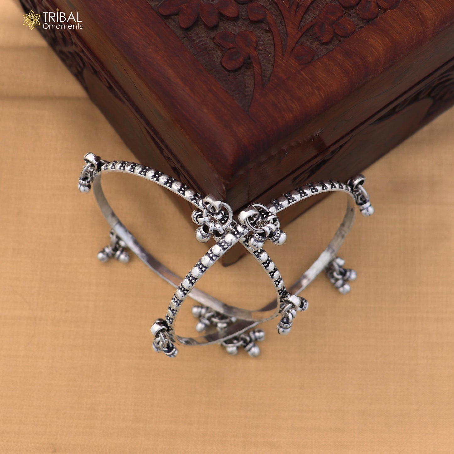 925 Sterling silver vintage design hanging bells bangle kada tribal oxidized jewelry ba461