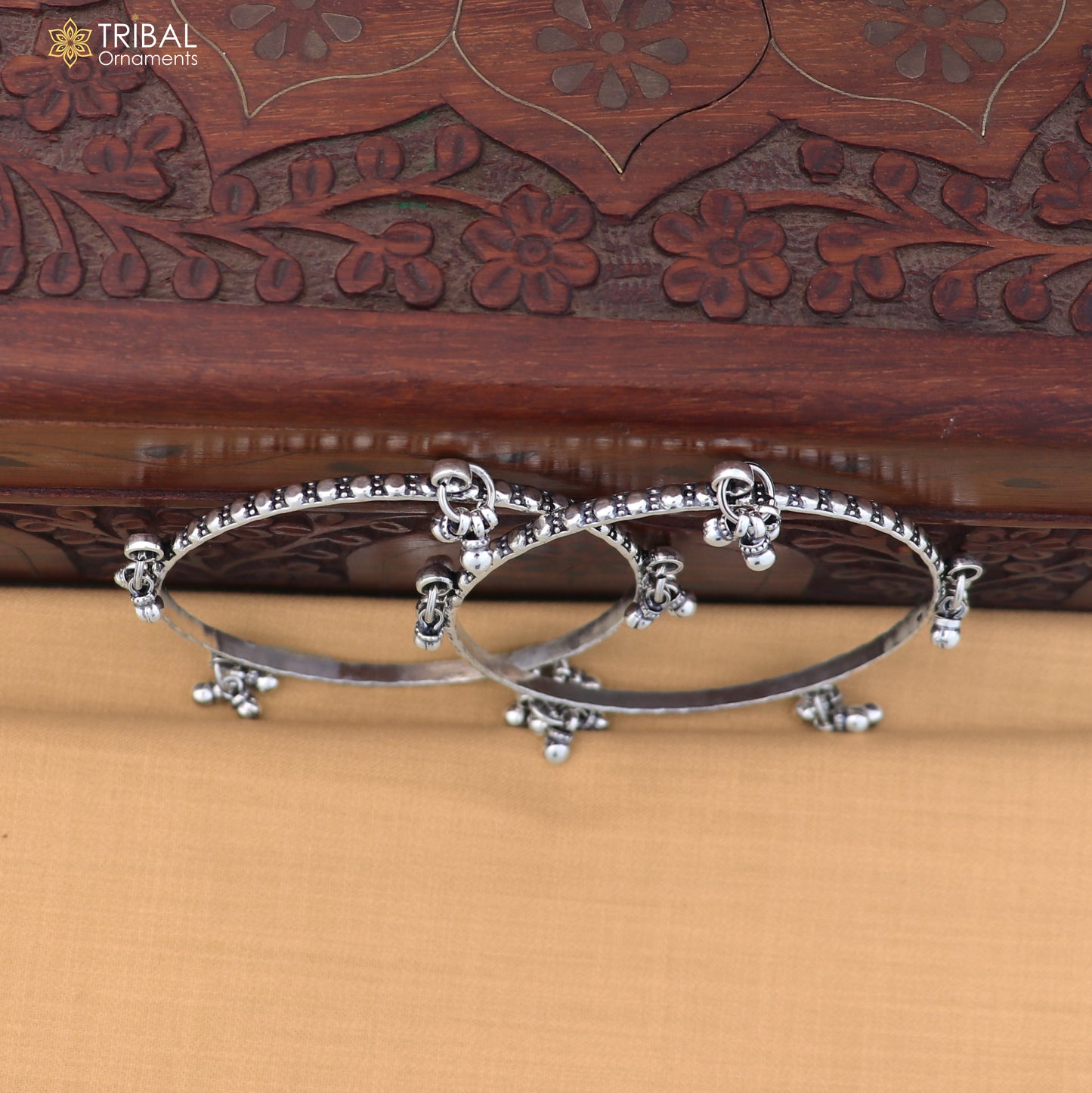 925 Sterling silver vintage design hanging bells bangle kada tribal oxidized jewelry ba461