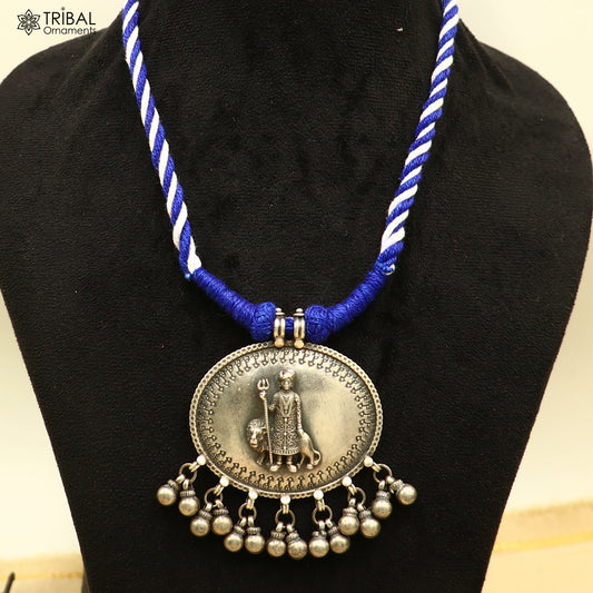 925 sterling silver chitai work Indian deity blue thread (dori) necklace banjara jewelry set785