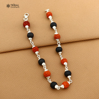 925 Sterling silver bracelet with black Karungali beads and Rudraksha beads, unisex tribal jewelry design.
