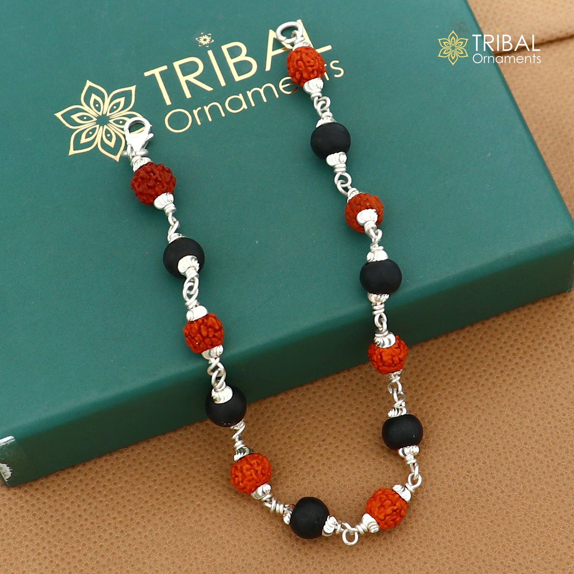 925 Sterling silver karungali black beads with Rudraksha beads  bracelet for unisex jewelry sbr790 - TRIBAL ORNAMENTS