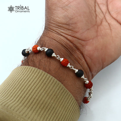 Sterling silver bracelet with black karungali beads and Rudraksha beads, unisex jewelry by TRIBAL ORNAMENTS.