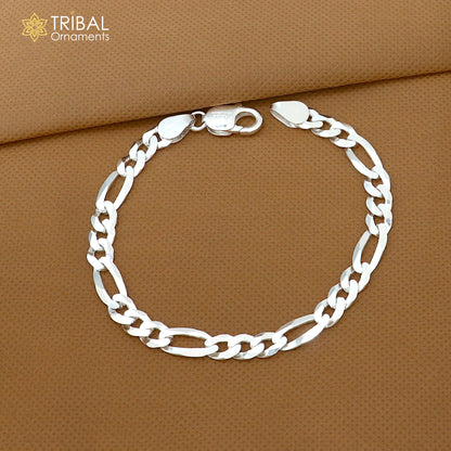 Vintage solid 925 sterling silver Figaro link chain bracelet, unisex jewelry with intricate design, ideal for gifting.