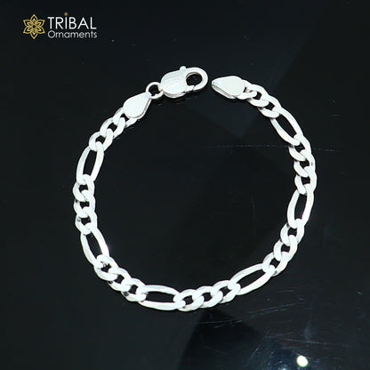 Sterling silver Figaro link chain bracelet with vintage design, unisex jewelry, handcrafted by TRIBAL ORNAMENTS.