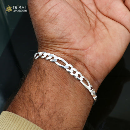 Sterling silver Figaro link chain bracelet with vintage design, unisex jewelry by Tribal Ornaments, perfect for gifting or everyday wear.