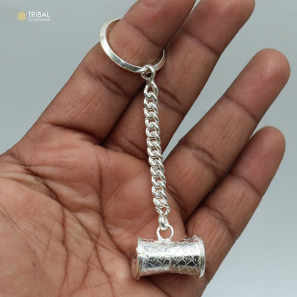 925 Sterling silver Shiva damru design key chain with vintage style, solid and unisex, ideal for stylish royal gifting.