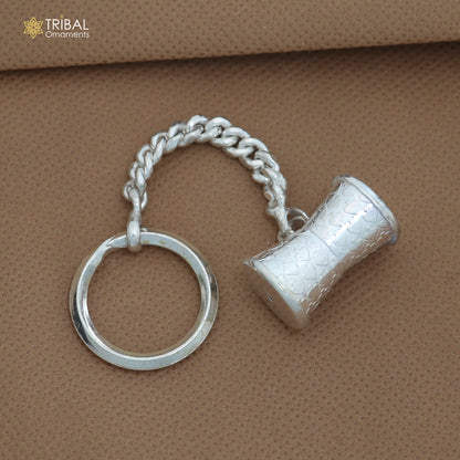 Sterling silver Shiva damru design key chain featuring vintage tribal motifs, unisex accessory, stylish royal gift by TRIBAL ORNAMENTS