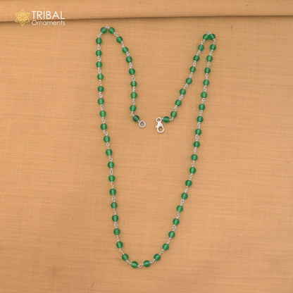 925 sterling silver green color round shape stone beaded necklace ch660