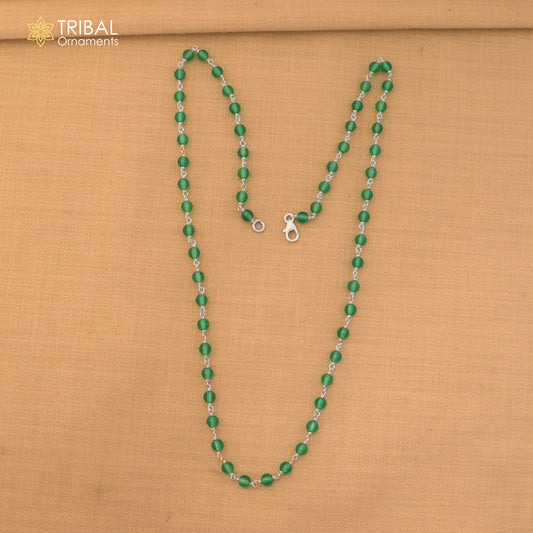 925 sterling silver green color round shape stone beaded necklace ch660