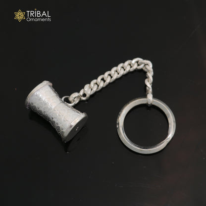 Sterling silver Shiva Damru key chain with vintage design, unisex solid silver accessory, stylish royal gift from Tribal Ornaments.